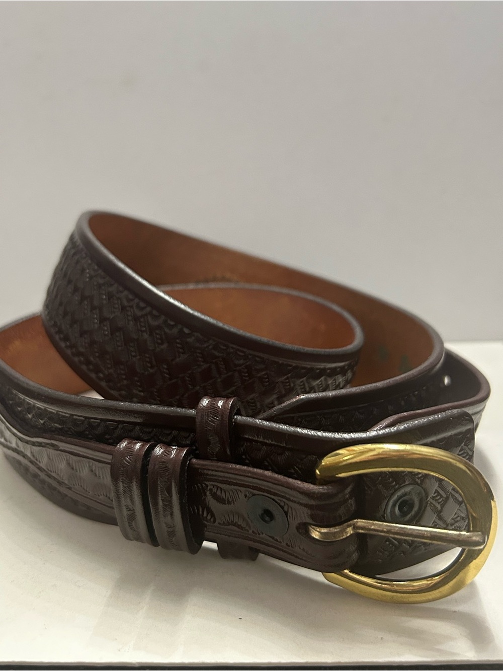 Vintage Don Hume B112 Leather Ranger Belt Size 32 Basketweave Brown Solid Brass
